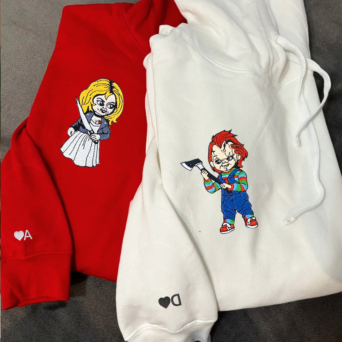 Custom Embroidered Hoodies for Couples, Chucky Halloween Couples Embroidered Hoodie