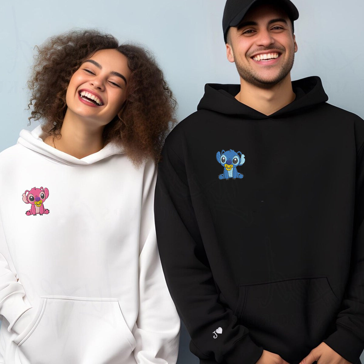 Custom Embroidered Hoodies for Couples, Cute Baby Stitch and Angel Couples Embroidered Hoodies