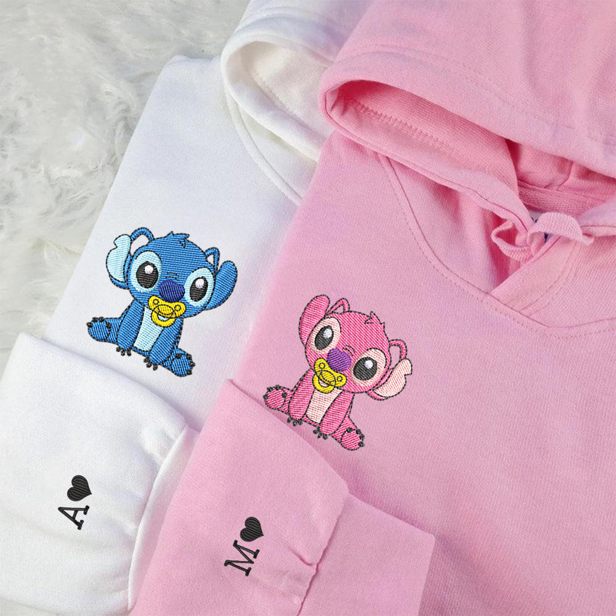 Custom Embroidered Hoodies for Couples, Cute Baby Stitch and Angel Couples Embroidered Hoodies