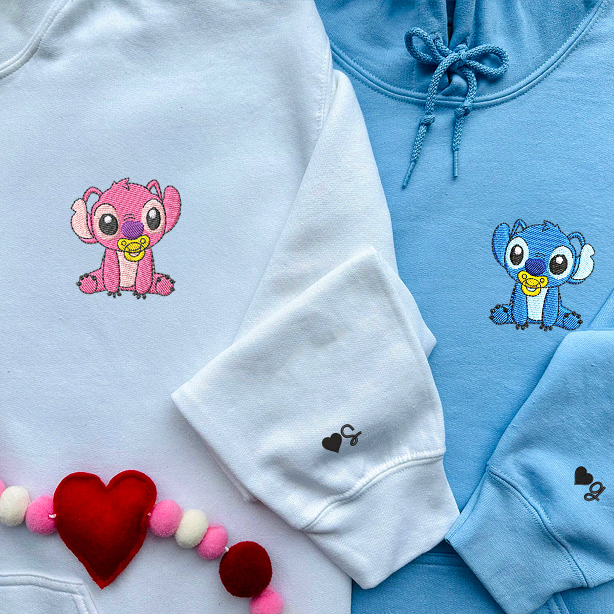 Custom Embroidered Hoodies for Couples, Cute Baby Stitch and Angel Couples Embroidered Hoodies