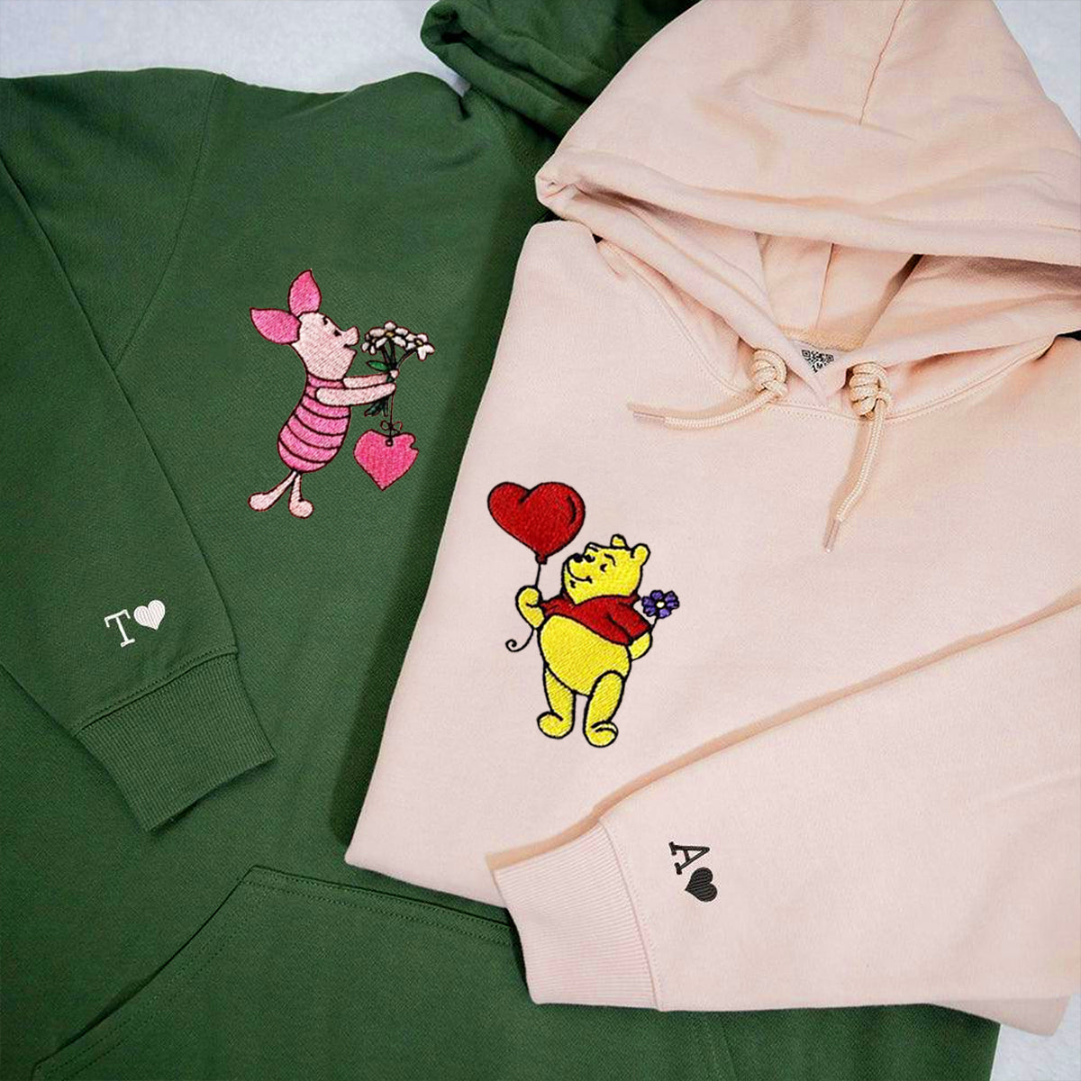 Custom Embroidered Hoodies for Couples, Cute Bear and Pig Couples Embroidered Hoodie