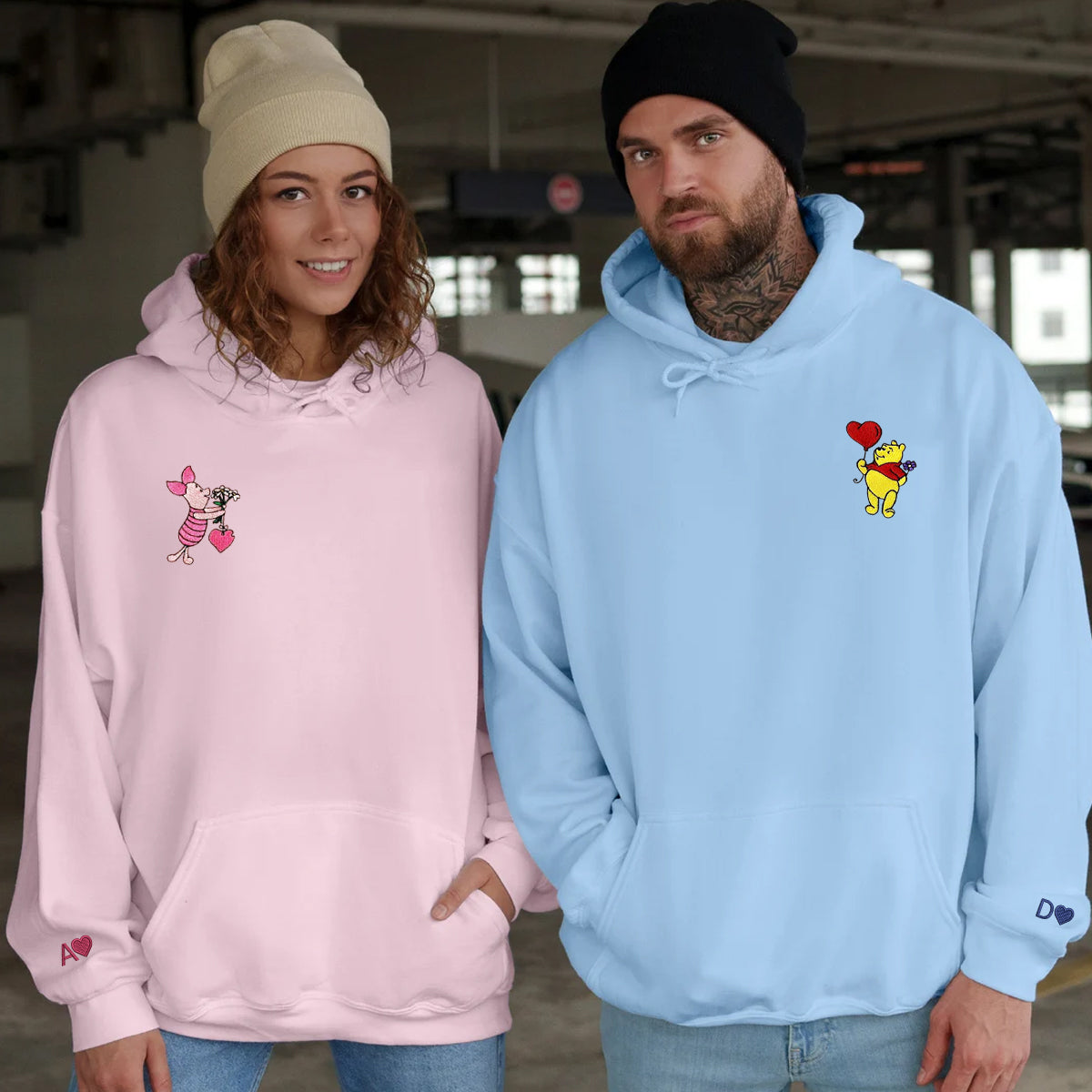 Custom Embroidered Hoodies for Couples, Cute Bear and Pig Couples Embroidered Hoodie