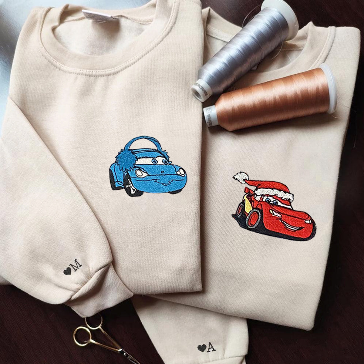 Custom Embroidered Hoodies for Couples, Cute Cars Characters Christmas Couples Embroidered Hoodie