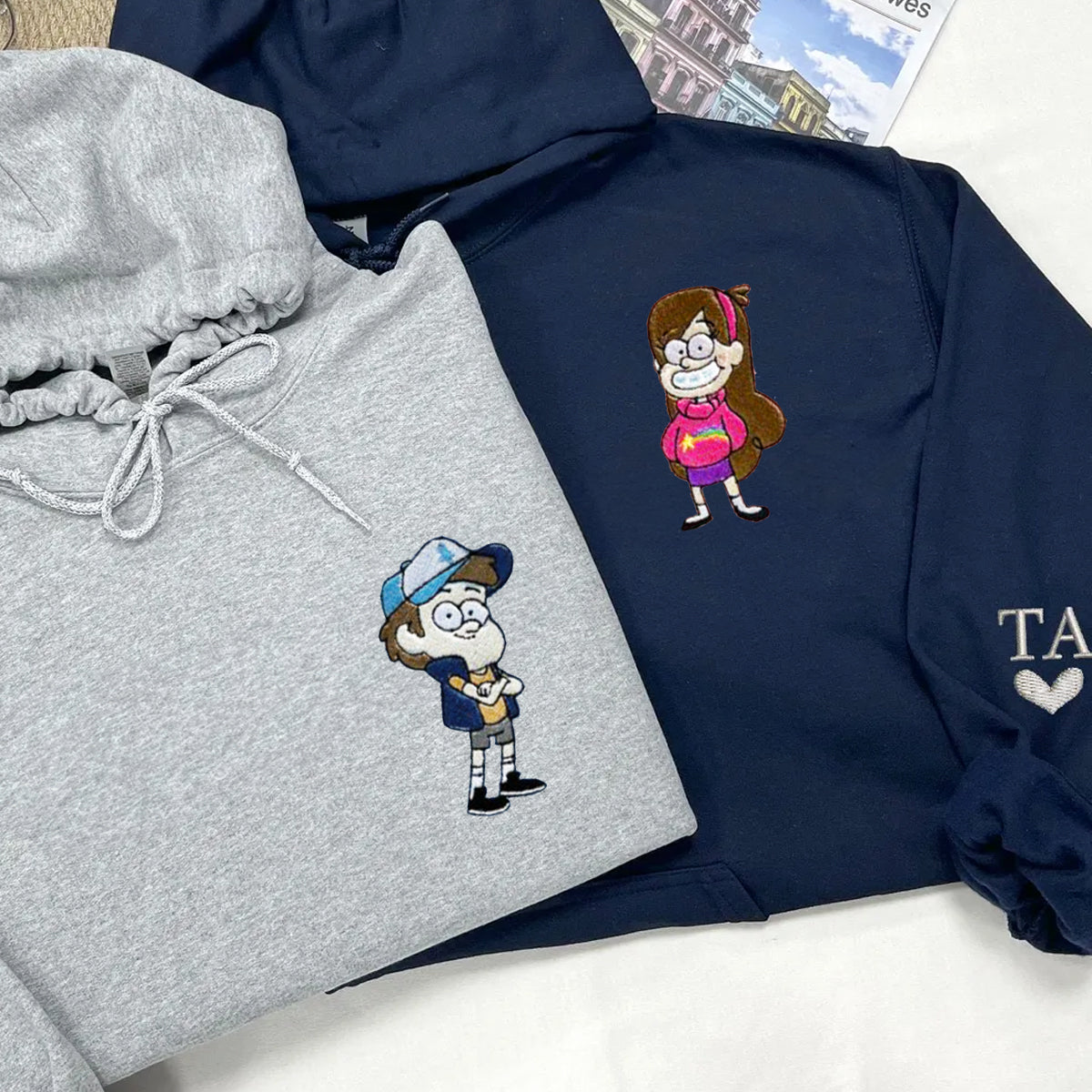 Custom Embroidered Hoodies for Couples, Cute Cartoon Boy and Girl Character Couples Embroidered Hoodie