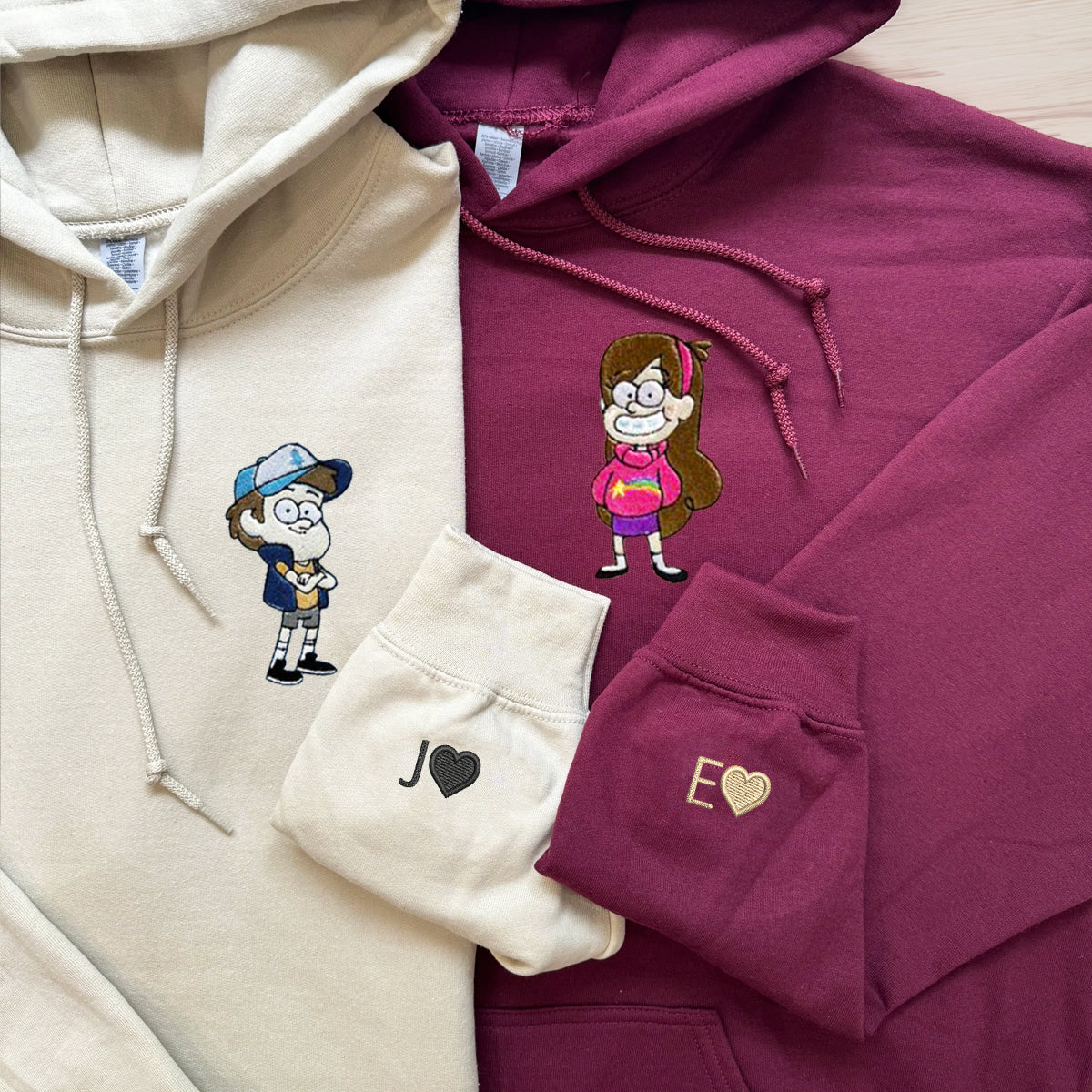 Custom Embroidered Hoodies for Couples, Cute Cartoon Boy and Girl Character Couples Embroidered Hoodie