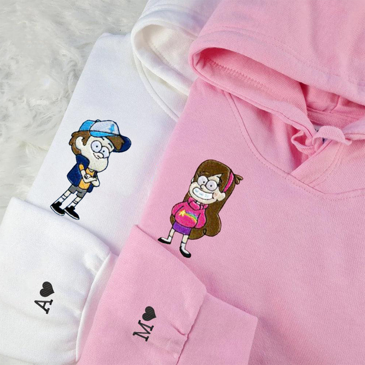 Custom Embroidered Hoodies for Couples, Cute Cartoon Boy and Girl Character Couples Embroidered Hoodie