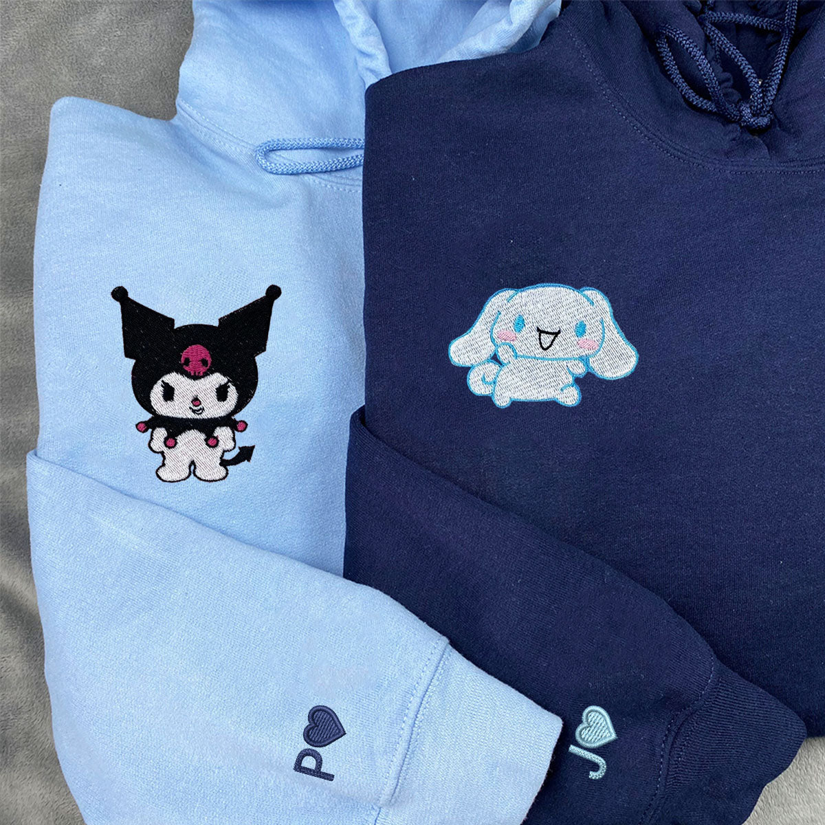 Custom Embroidered Hoodies for Couples, Cute Cartoon Cat & Bunny Couples Embroidered Hoodie