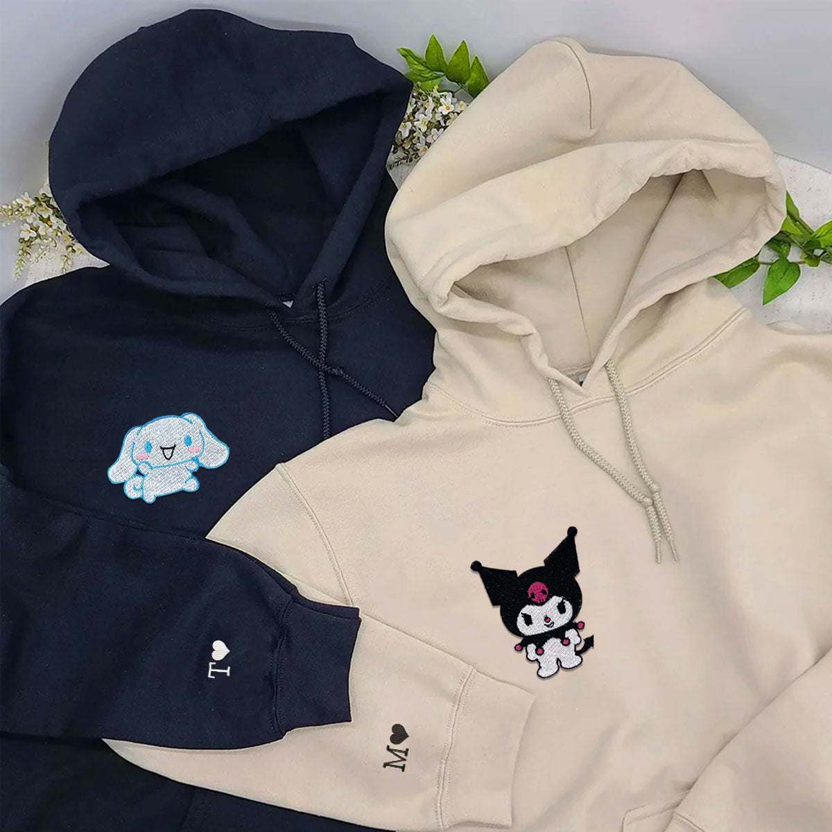 Custom Embroidered Hoodies for Couples, Cute Cartoon Cat &amp; Bunny Couples Embroidered Hoodie