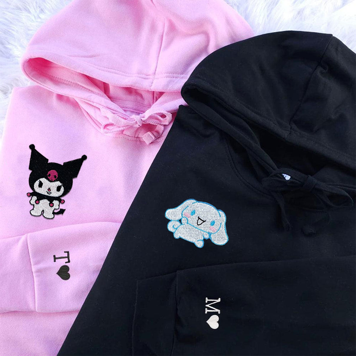 Custom Embroidered Hoodies for Couples, Cute Cartoon Cat & Bunny Couples Embroidered Hoodie