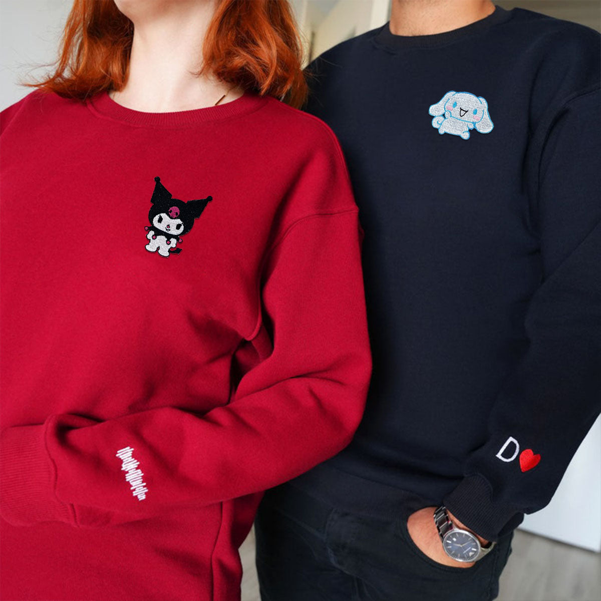 Custom Embroidered Hoodies for Couples, Cute Cartoon Cat & Bunny Couples Embroidered Hoodie