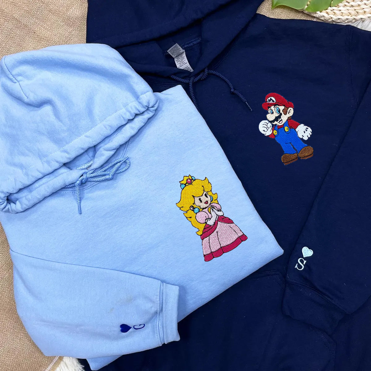 Custom Embroidered Hoodies for Couples, Pretty Cartoon Princess x Mario Couples Embroidered Hoodie