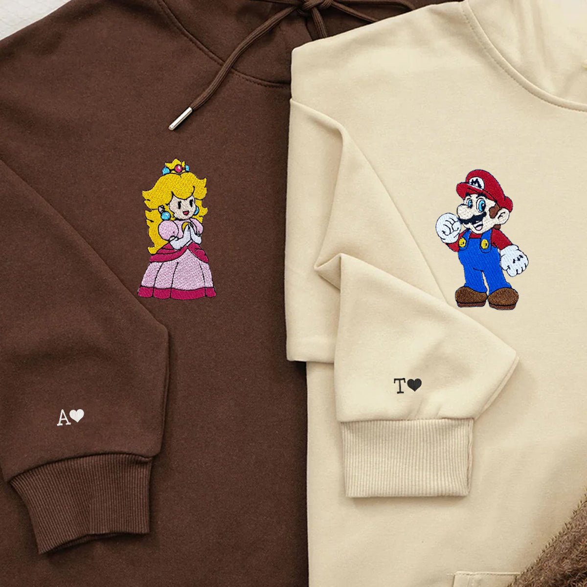 Custom Embroidered Hoodies for Couples, Pretty Cartoon Princess x Mario Couples Embroidered Hoodie