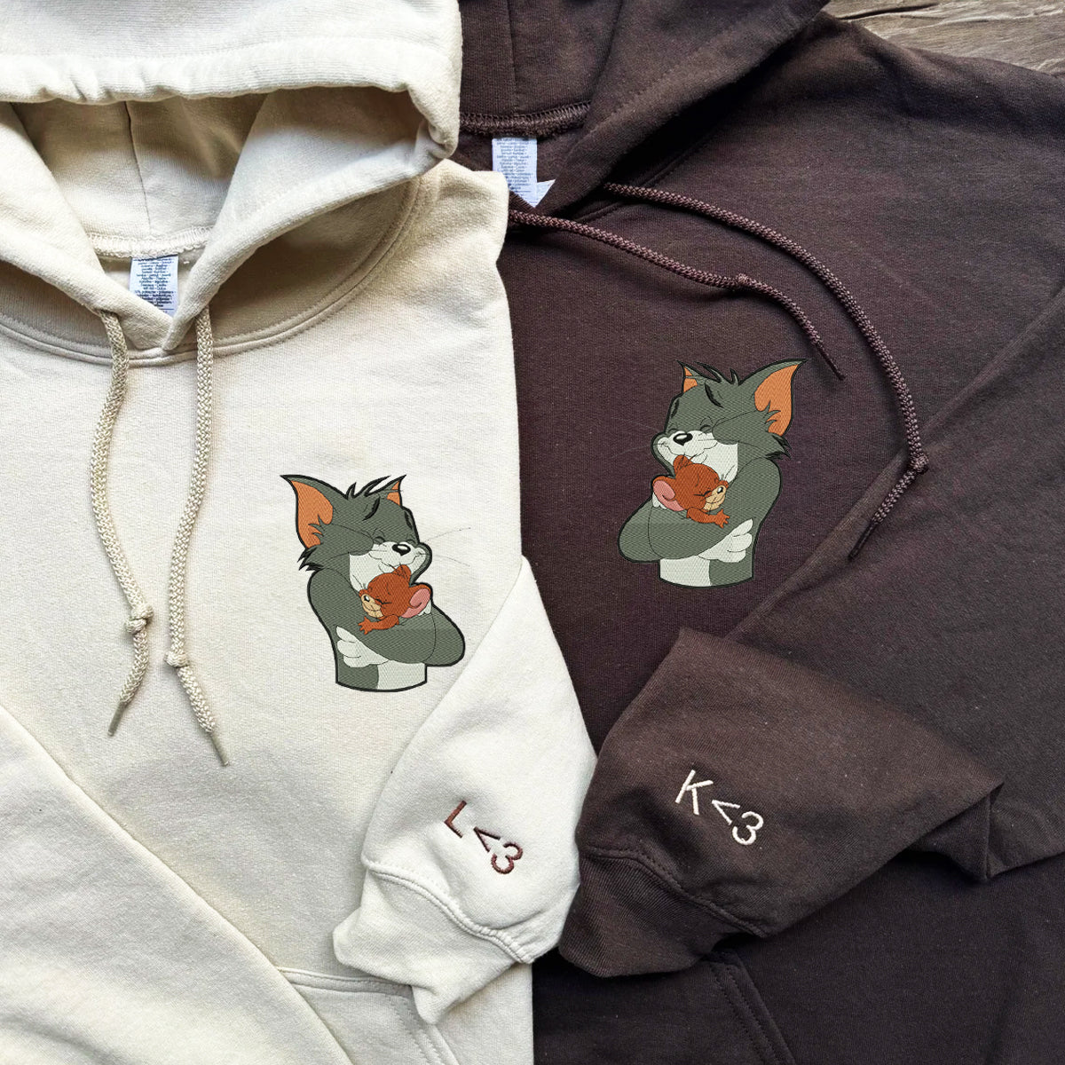 Custom Embroidered Hoodies for Couples, Cute Cat Huge Mouse Couples Embroidered Hoodies