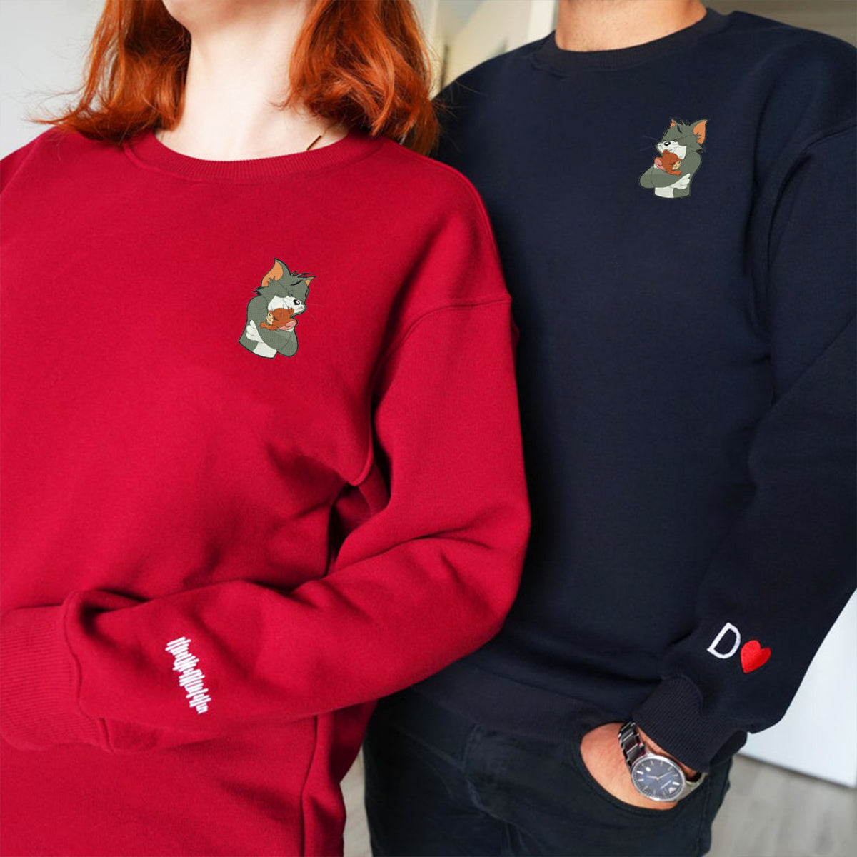 Custom Embroidered Hoodies for Couples, Cute Cat Huge Mouse Couples Embroidered Hoodies