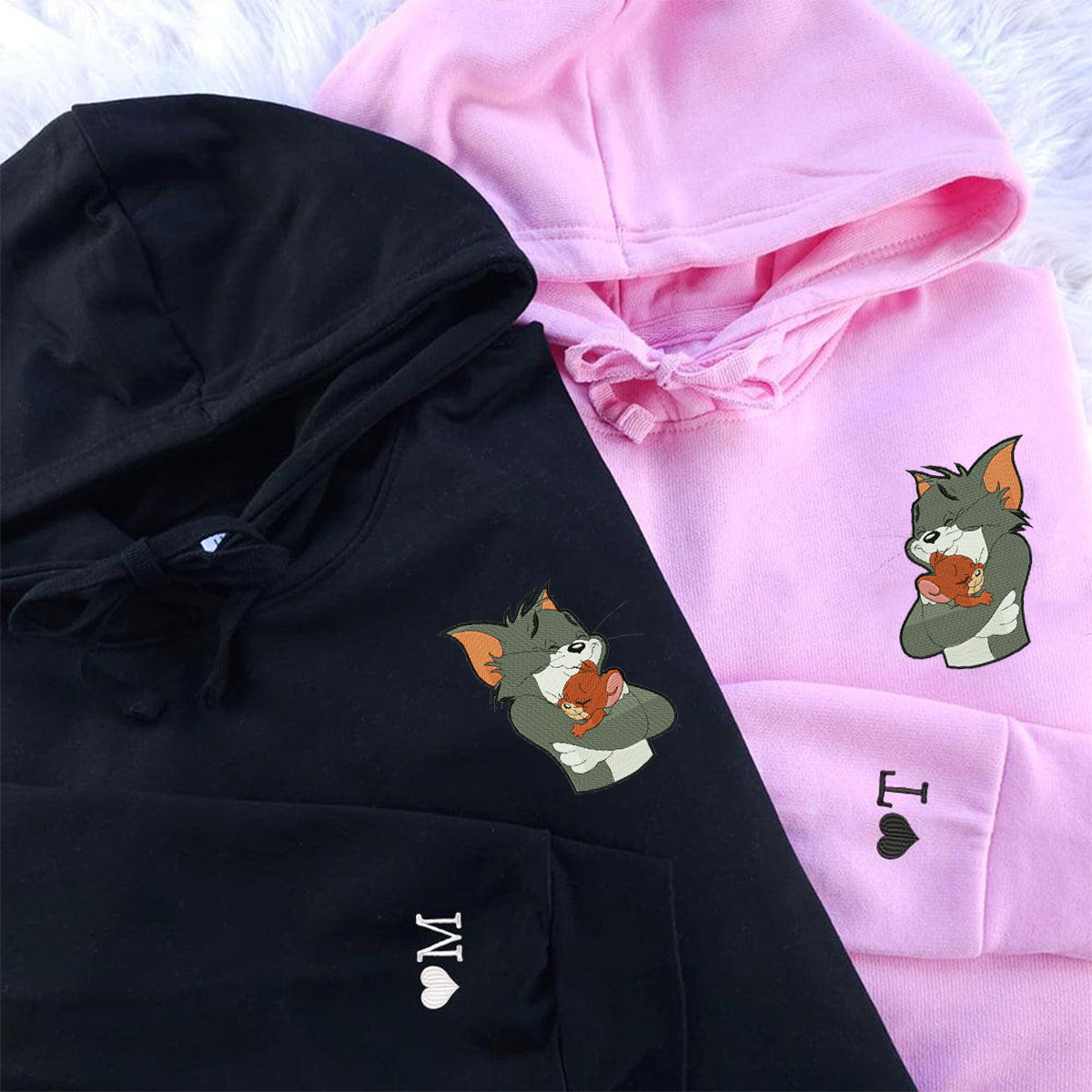 Custom Embroidered Hoodies for Couples, Cute Cat Huge Mouse Couples Embroidered Hoodies