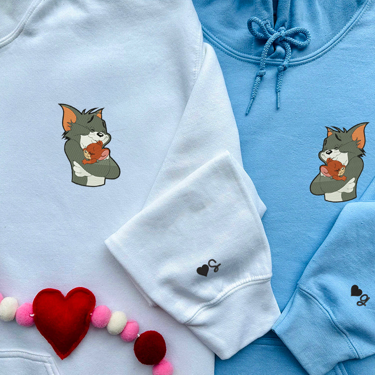 Custom Embroidered Hoodies for Couples, Cute Cat Huge Mouse Couples Embroidered Hoodies