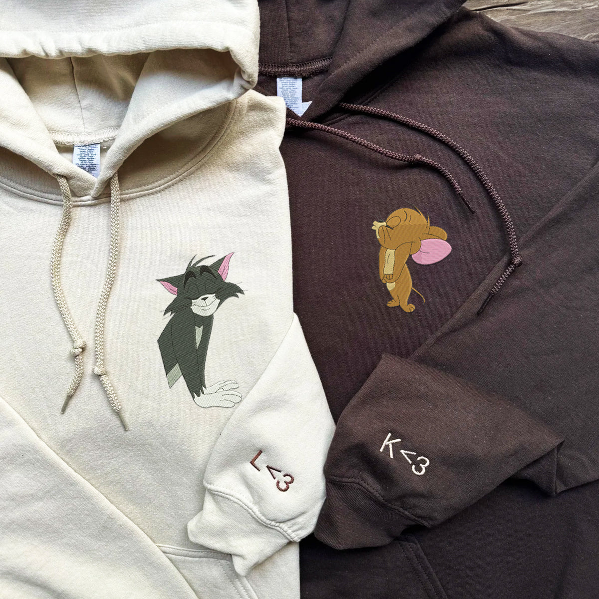 Custom Embroidered Hoodies for Couples, Cute Cat and Mouse Love Couples Embroidered Hoodie