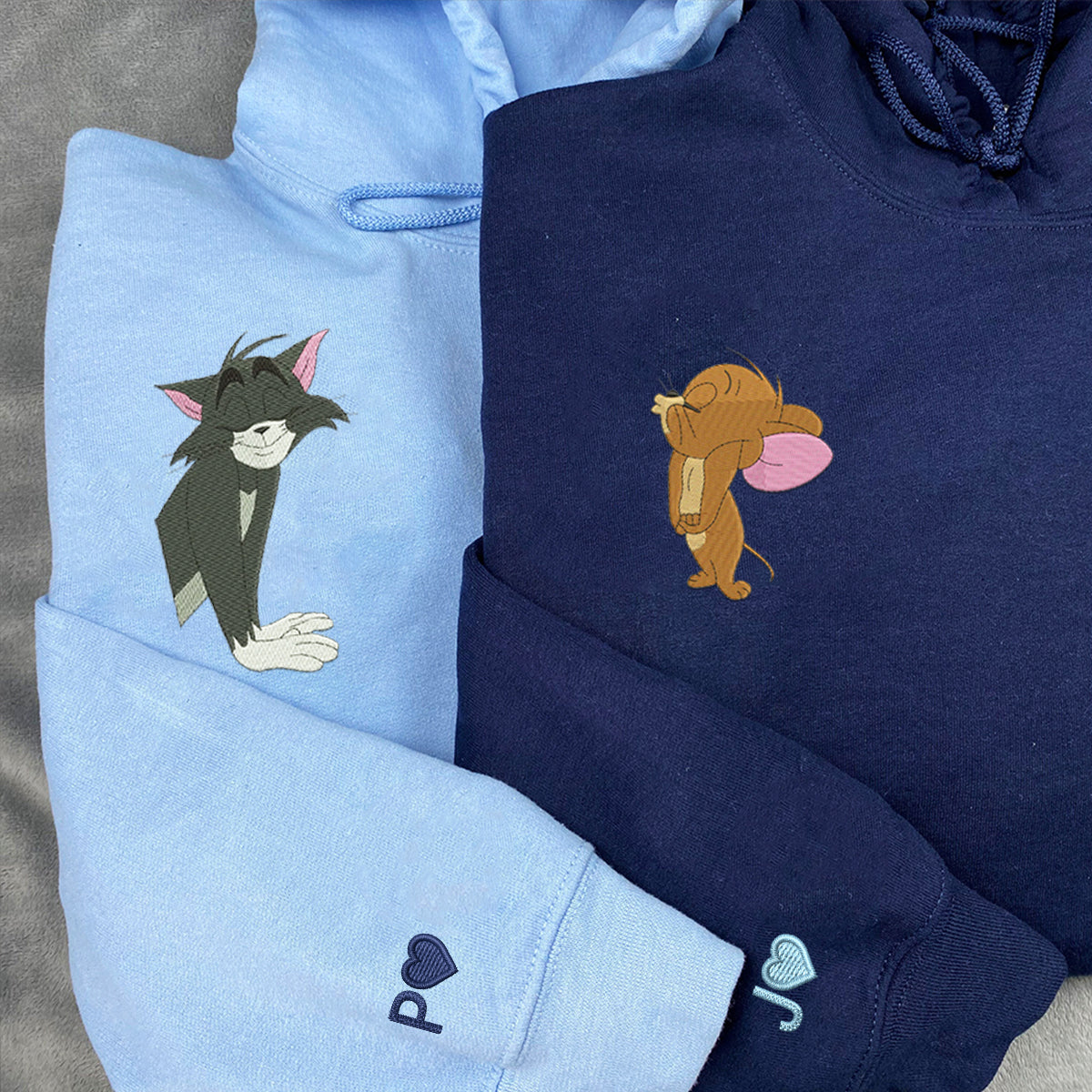 Custom Embroidered Hoodies for Couples, Cute Cat and Mouse Love Couples Embroidered Hoodie