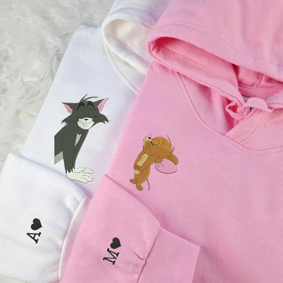 Custom Embroidered Hoodies for Couples, Cute Cat and Mouse Love Couples Embroidered Hoodie