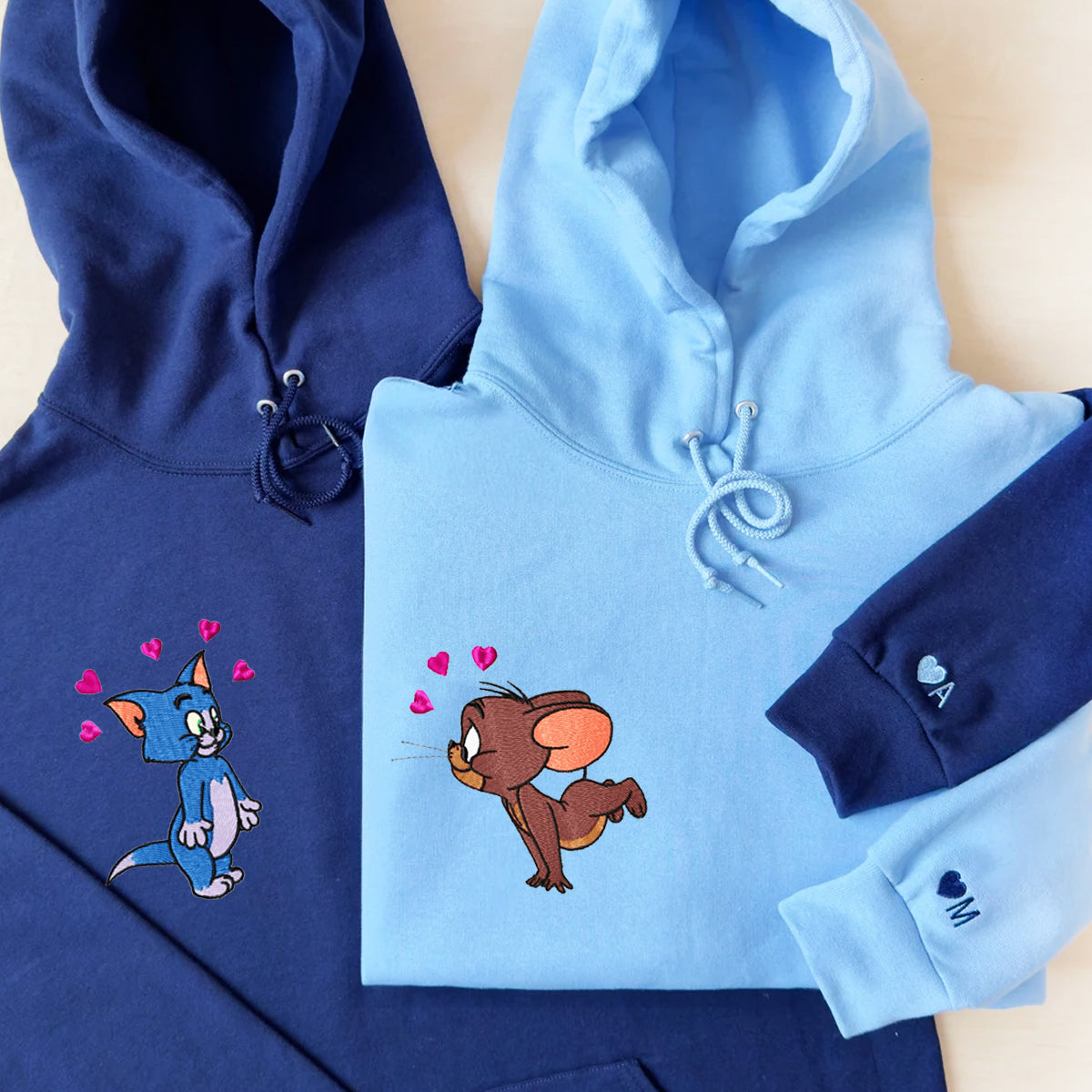 Custom Embroidered Hoodies for Couples, Cute Cat and Mouse in Love Couples Embroidered Hoodie