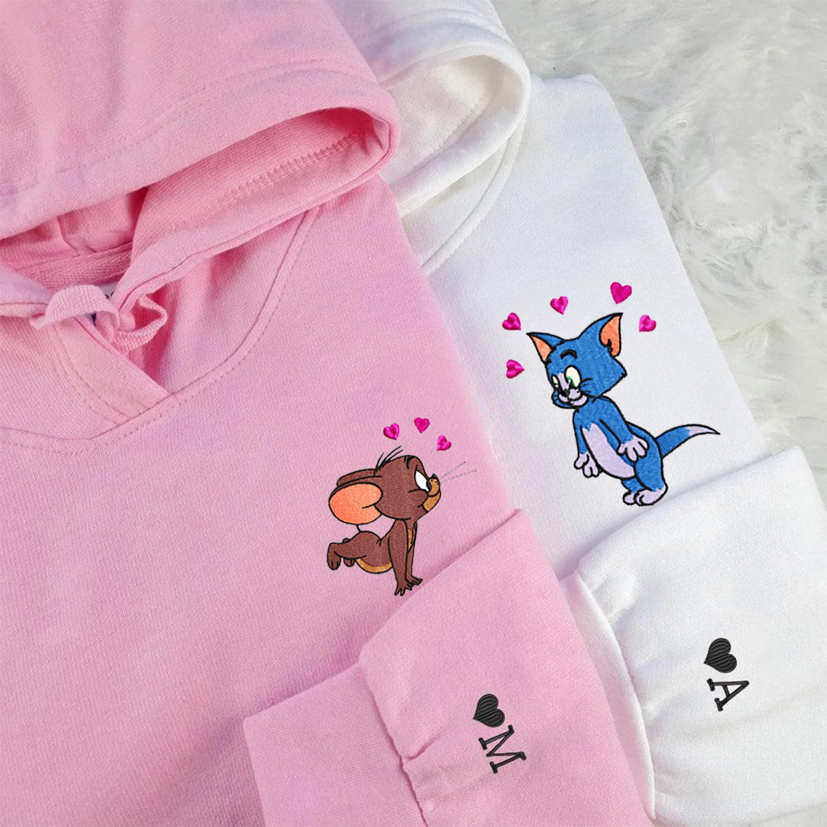 Custom Embroidered Hoodies for Couples, Cute Cat and Mouse in Love Couples Embroidered Hoodie