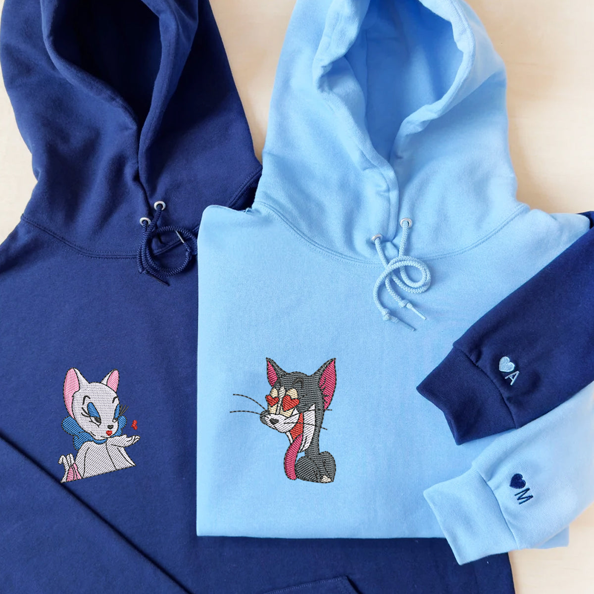 Custom Embroidered Hoodies for Couples, Cute Cat love Couples Embroidered Hoodie