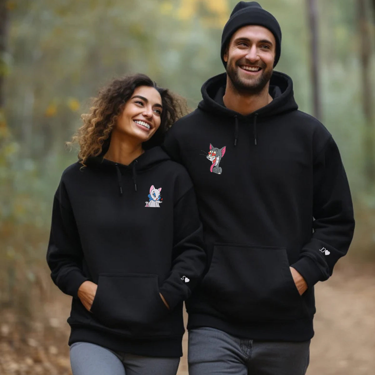 Custom Embroidered Hoodies for Couples, Cute Cat love Couples Embroidered Hoodie