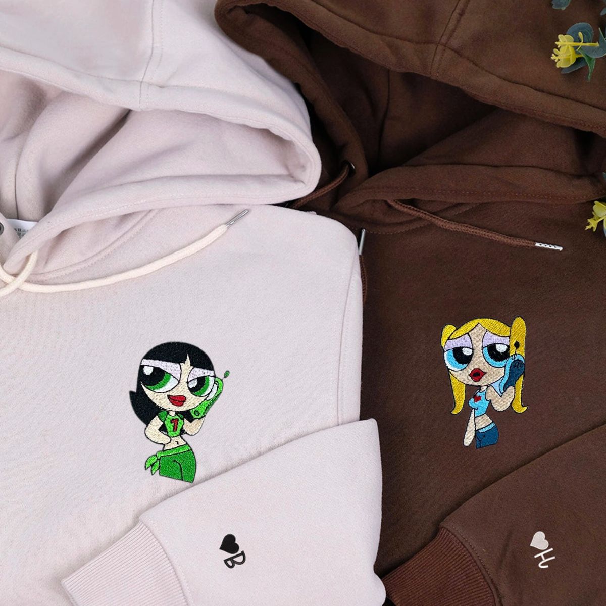 Custom Embroidered Hoodies for Couples, Cute Chibi Cartoon Character Couples Embroidered Hoodie