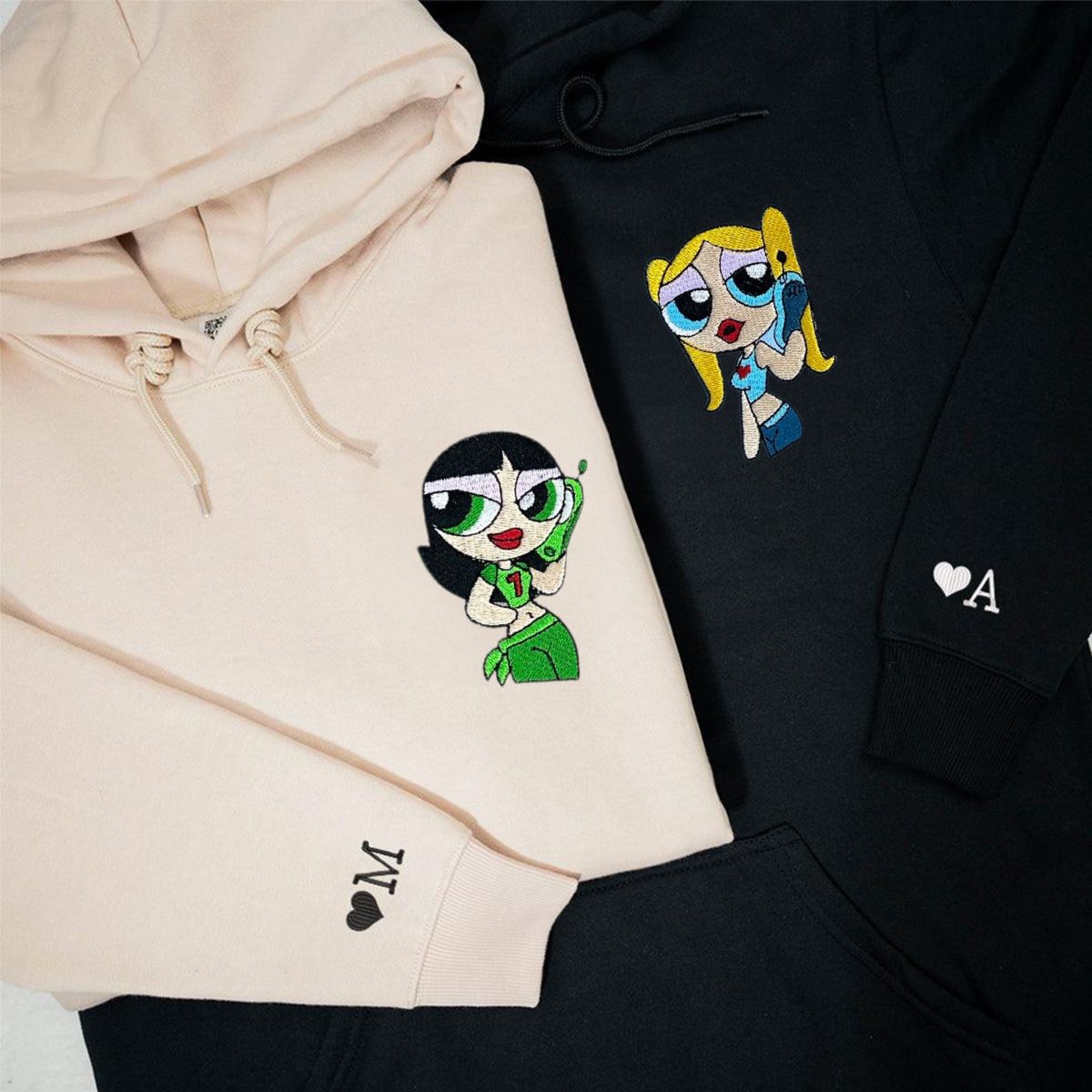 Custom Embroidered Hoodies for Couples, Cute Chibi Cartoon Character Couples Embroidered Hoodie