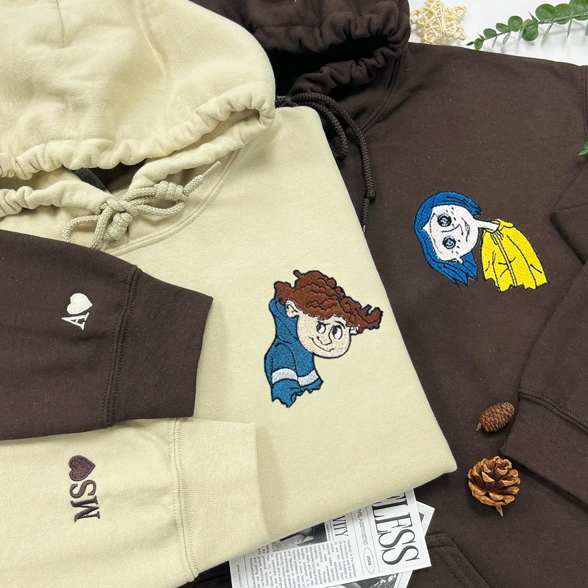 Custom Embroidered Hoodies for Couples, Cute Coralinee and Wybie Movie Character Couples Embroidered Hoodie