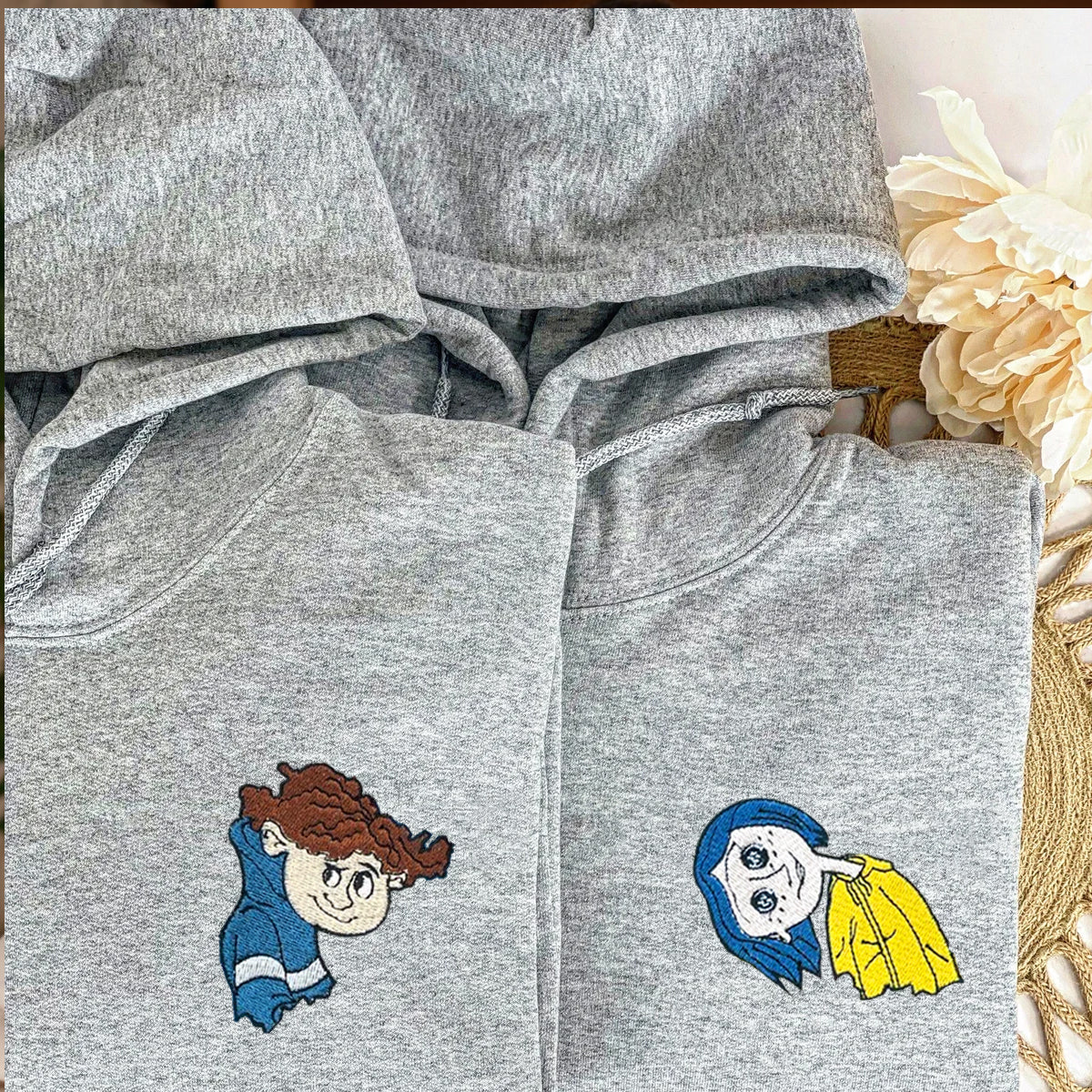 Custom Embroidered Hoodies for Couples, Cute Coralinee and Wybie Movie Character Couples Embroidered Hoodie