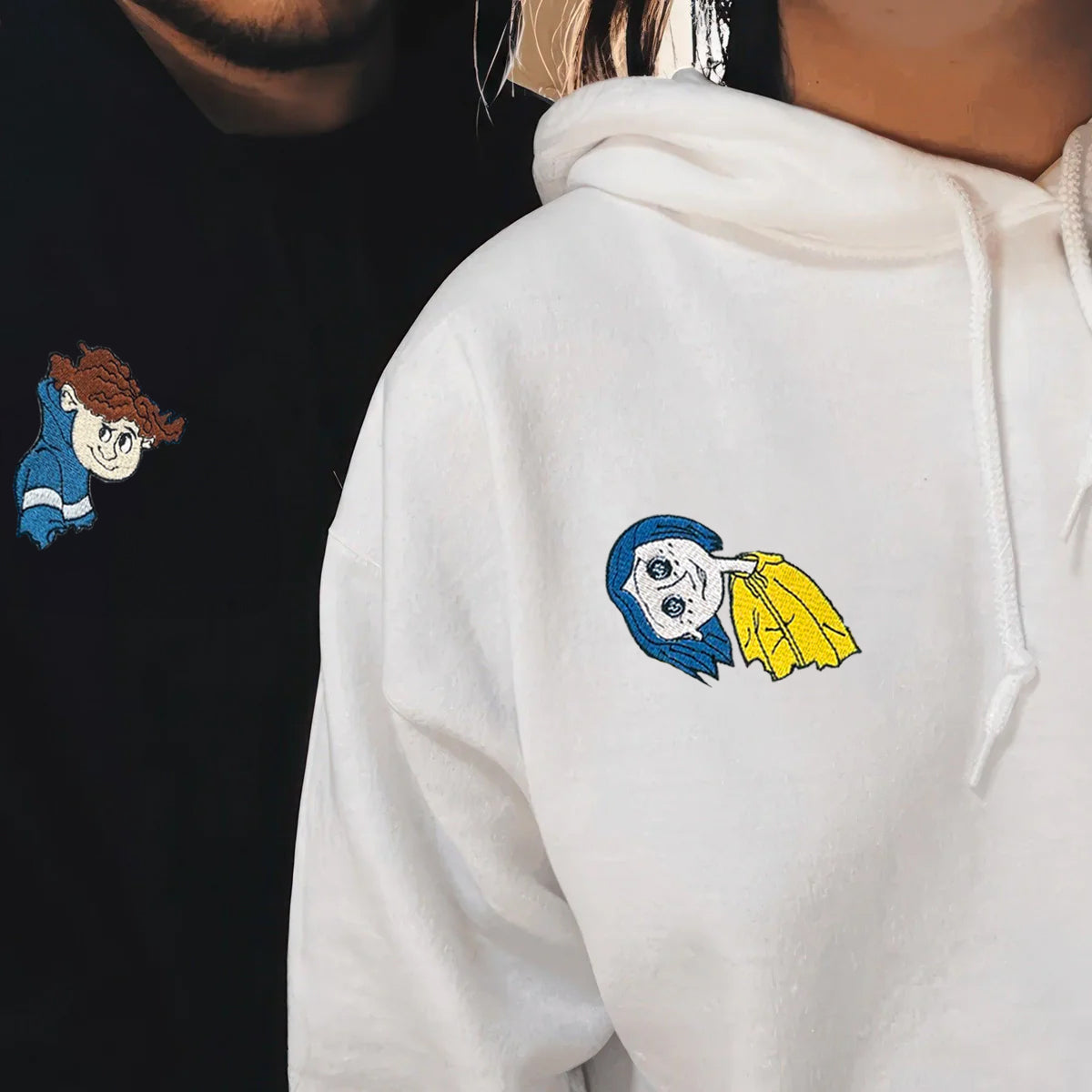 Custom Embroidered Hoodies for Couples, Cute Coralinee and Wybie Movie Character Couples Embroidered Hoodie