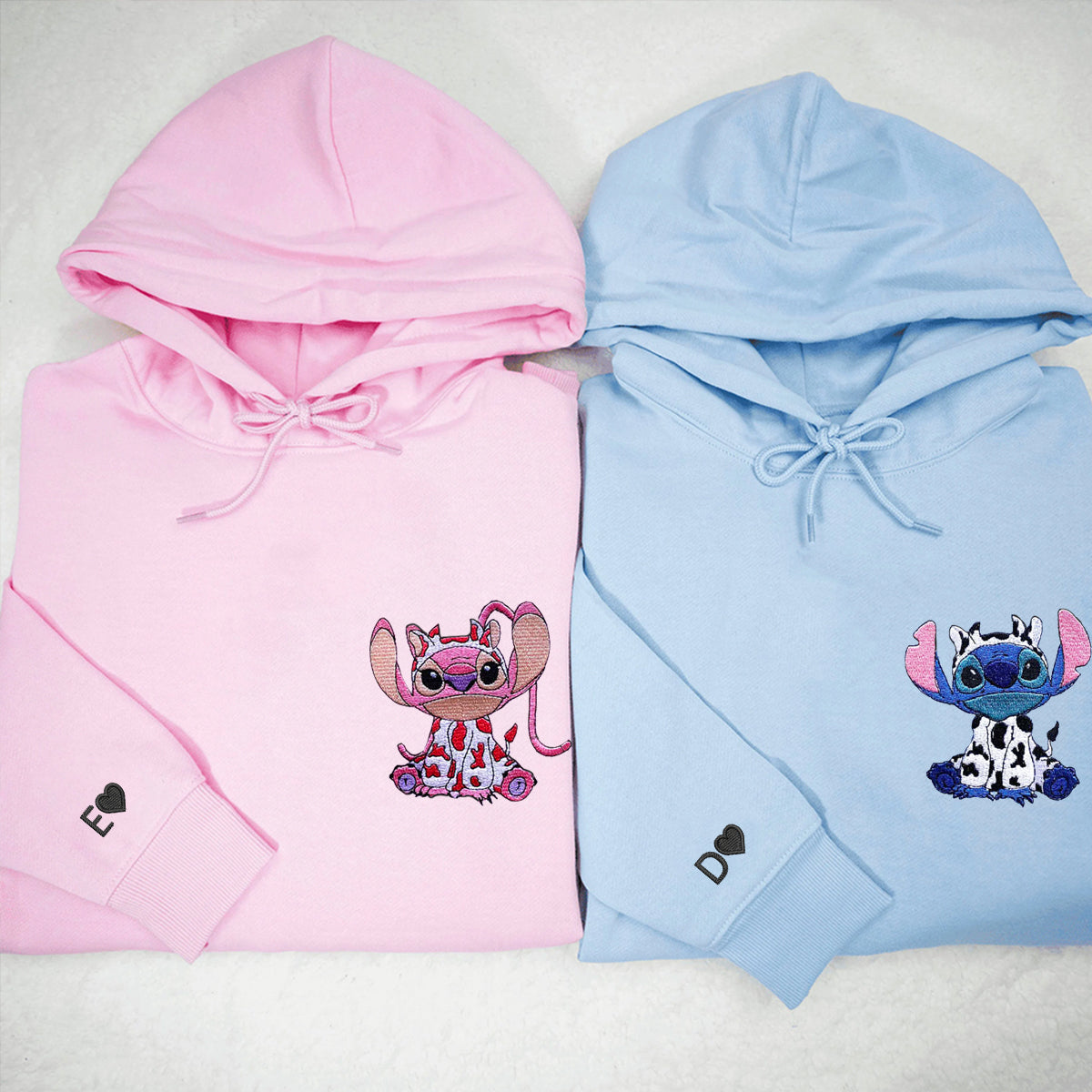 Custom Embroidered Hoodies for Couples, Cute Cow Stitch and Angel Couples Embroidered Hoodie