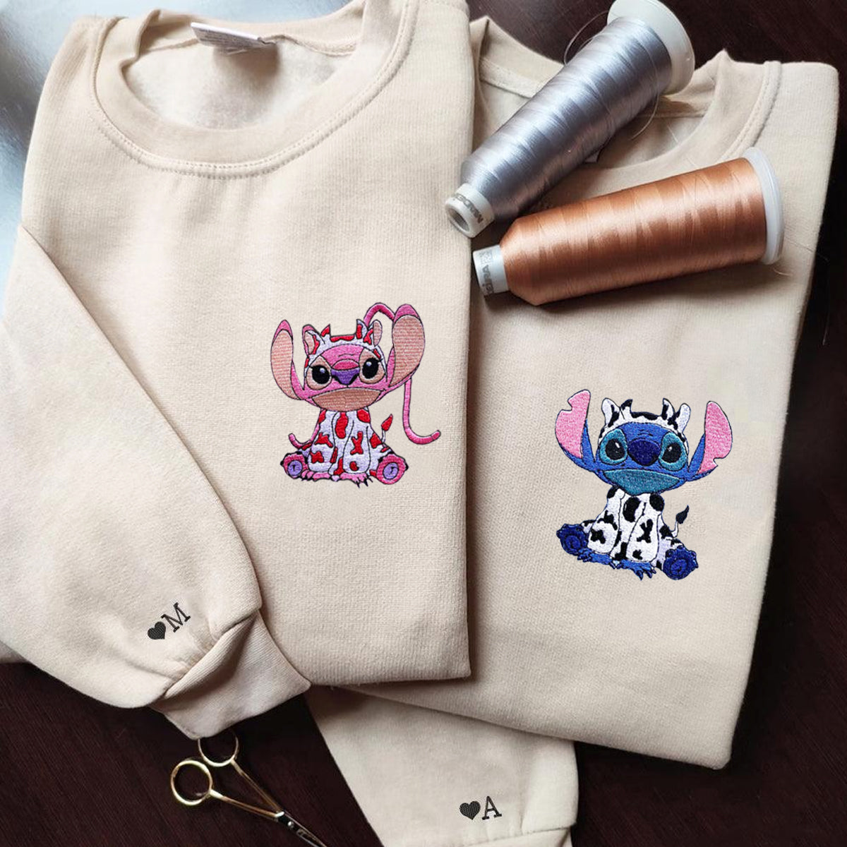 Custom Embroidered Hoodies for Couples, Cute Cow Stitch and Angel Couples Embroidered Hoodie