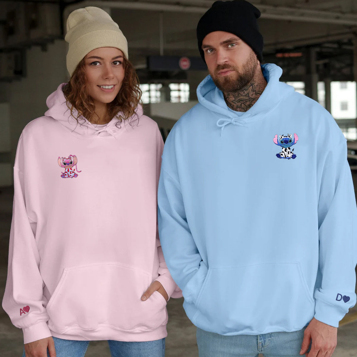 Custom Embroidered Hoodies for Couples, Cute Cow Stitch and Angel Couples Embroidered Hoodie