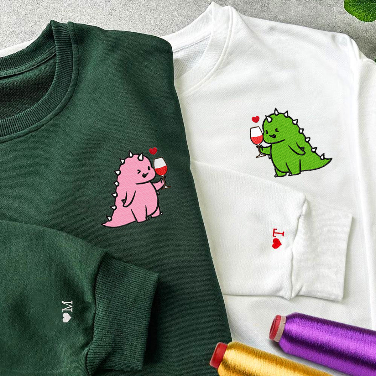 Custom Embroidered Hoodies for Couples, Cute Dinosaur Couples Embroidered Hoodies