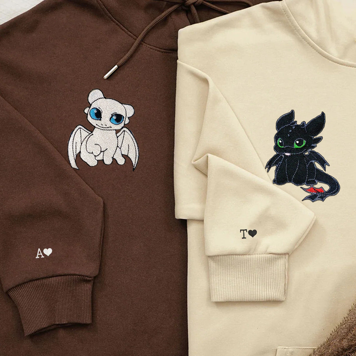 Custom Embroidered Hoodies for Couples, Cute Dragon Couples Embroidered Hoodie