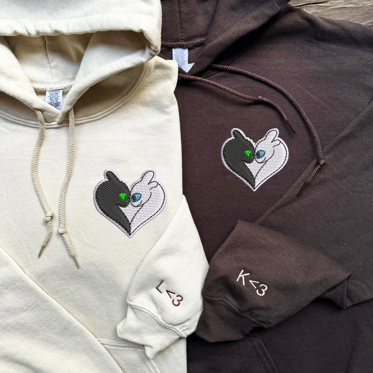 Custom Embroidered Hoodies for Couples, Cute Dragon Heart Couples Embroidered Hoodie