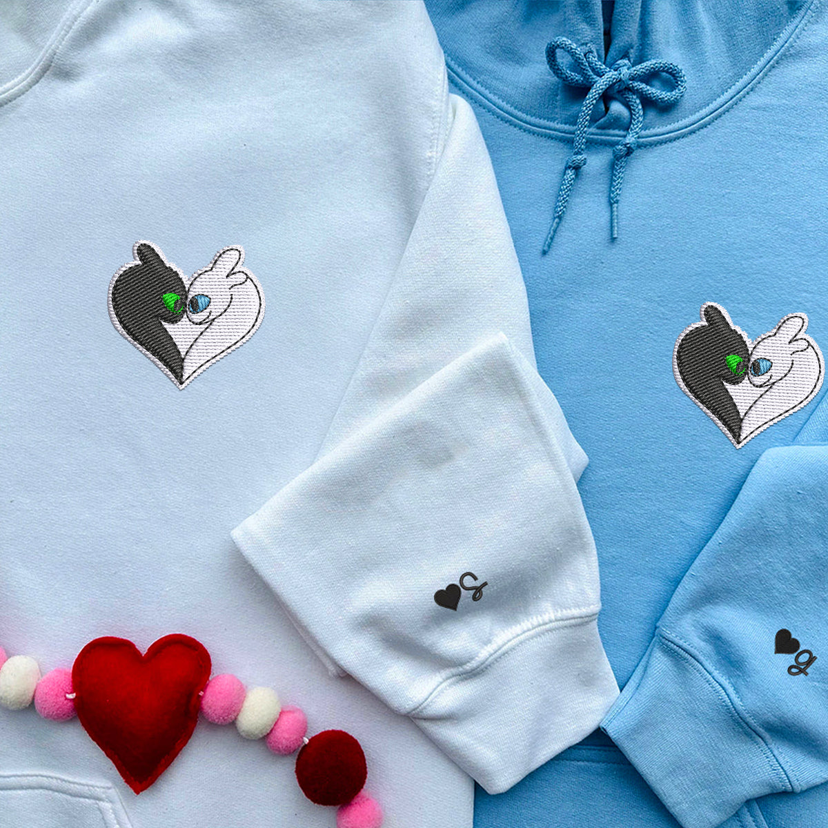 Custom Embroidered Hoodies for Couples, Cute Dragon Heart Couples Embroidered Hoodie