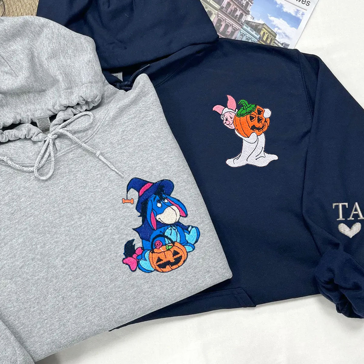 Custom Embroidered Hoodies for Couples, Cute Eeyore & Piglet Halloween Couples Embroidered Hoodie