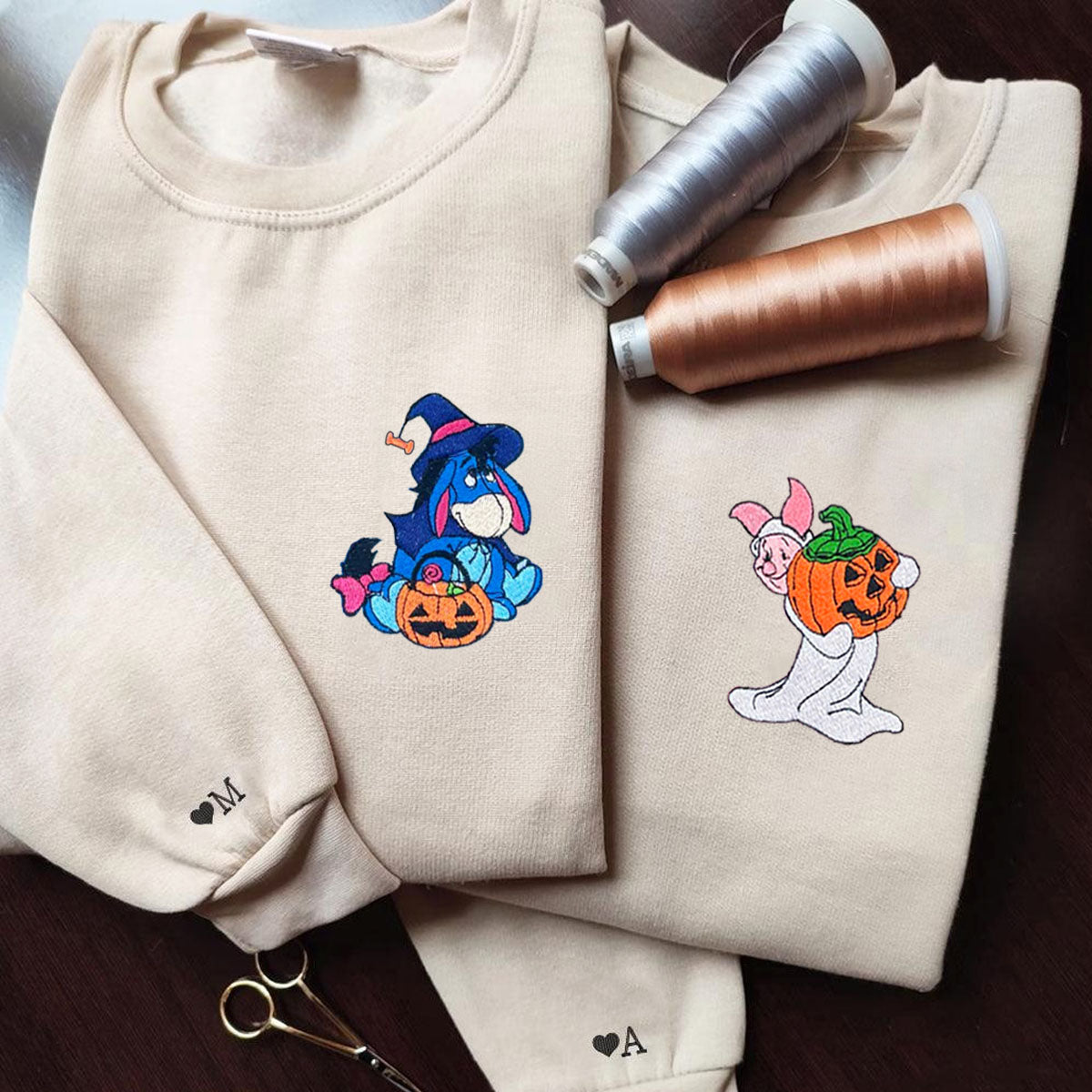 Custom Embroidered Hoodies for Couples, Cute Eeyore & Piglet Halloween Couples Embroidered Hoodie