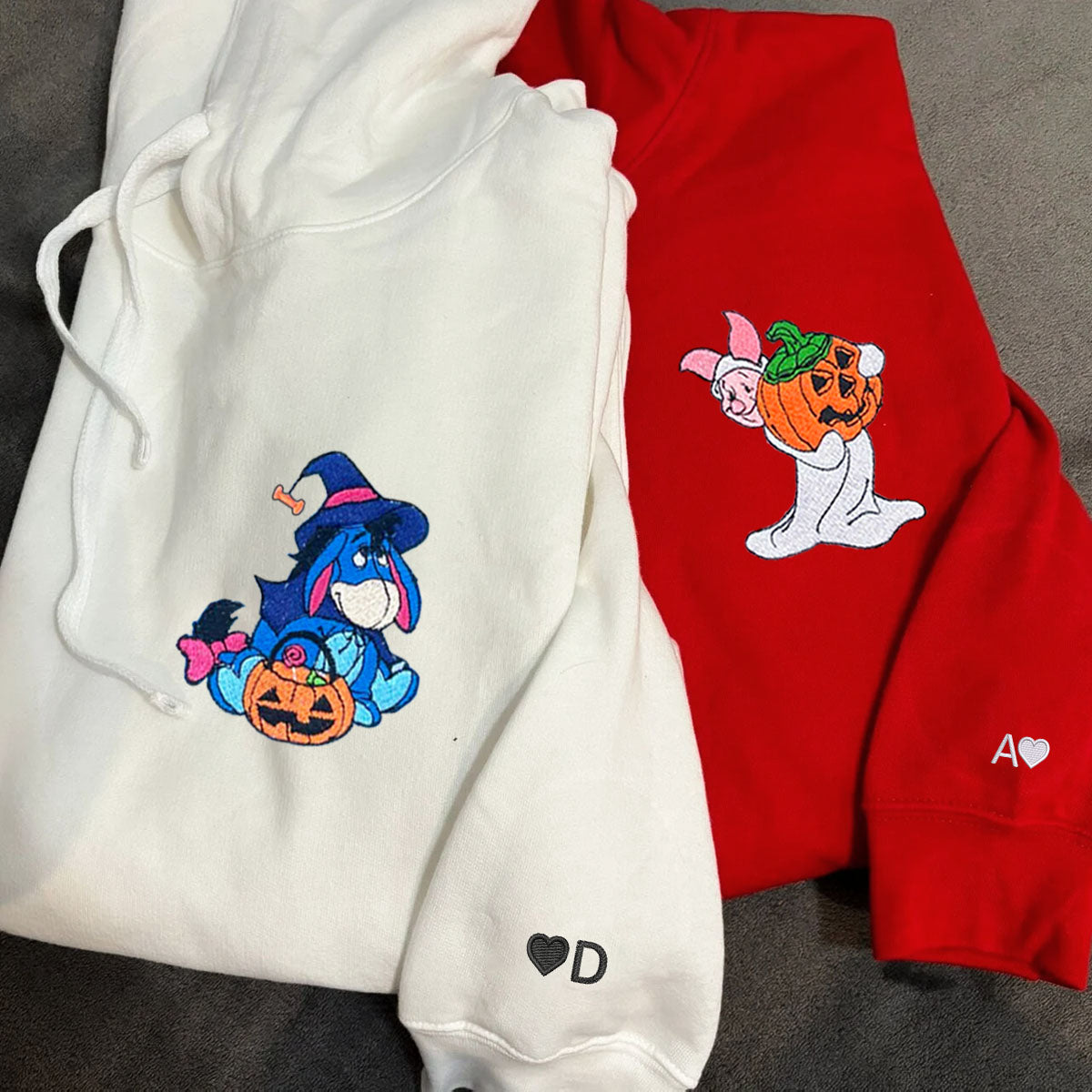 Custom Embroidered Hoodies for Couples, Cute Eeyore &amp; Piglet Halloween Couples Embroidered Hoodie