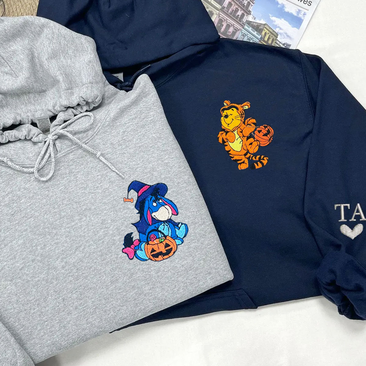 Custom Embroidered Hoodies for Couples, Cute Eeyore & Tigger Halloween Couples Embroidered Hoodie