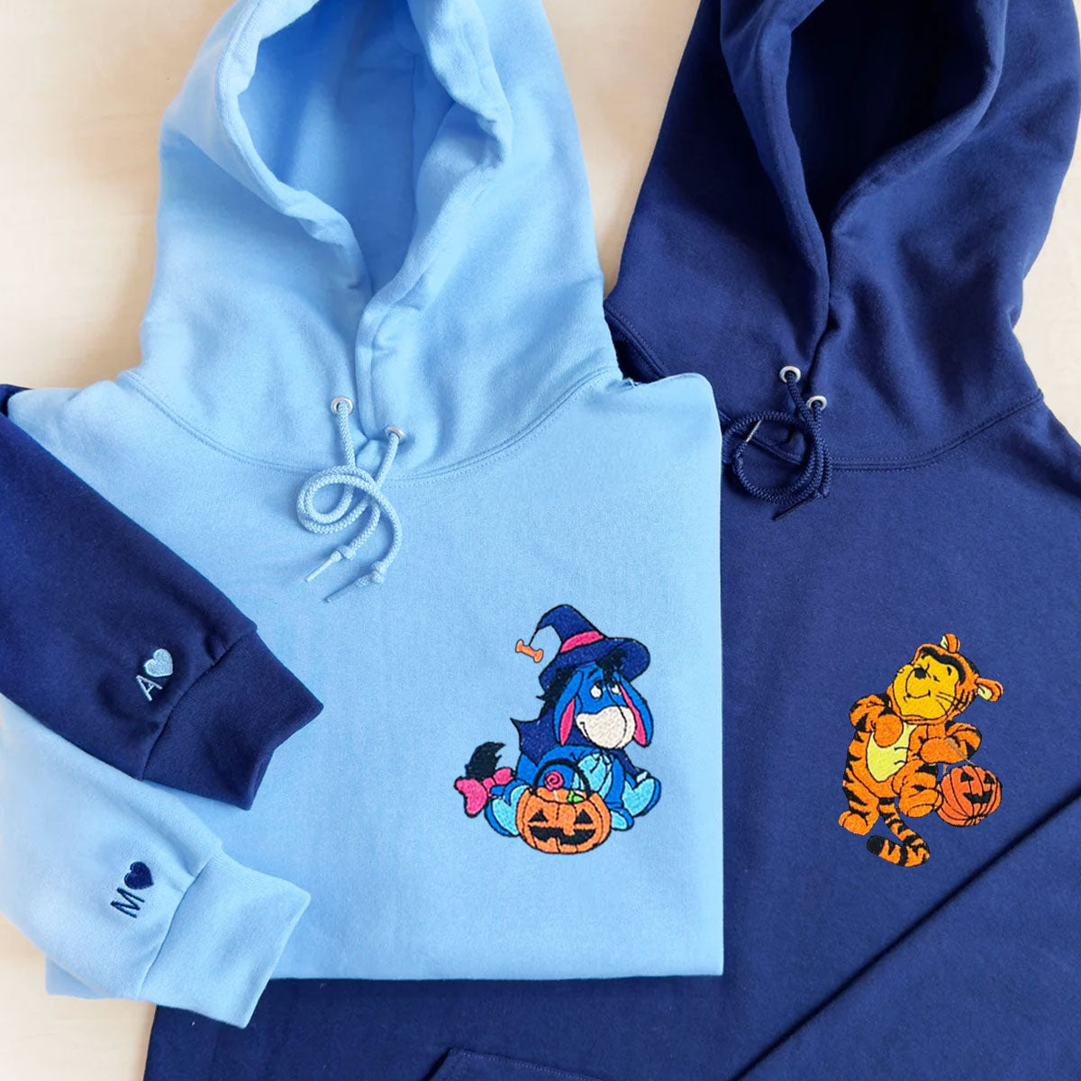 Custom Embroidered Hoodies for Couples, Cute Eeyore &amp; Tigger Halloween Couples Embroidered Hoodie