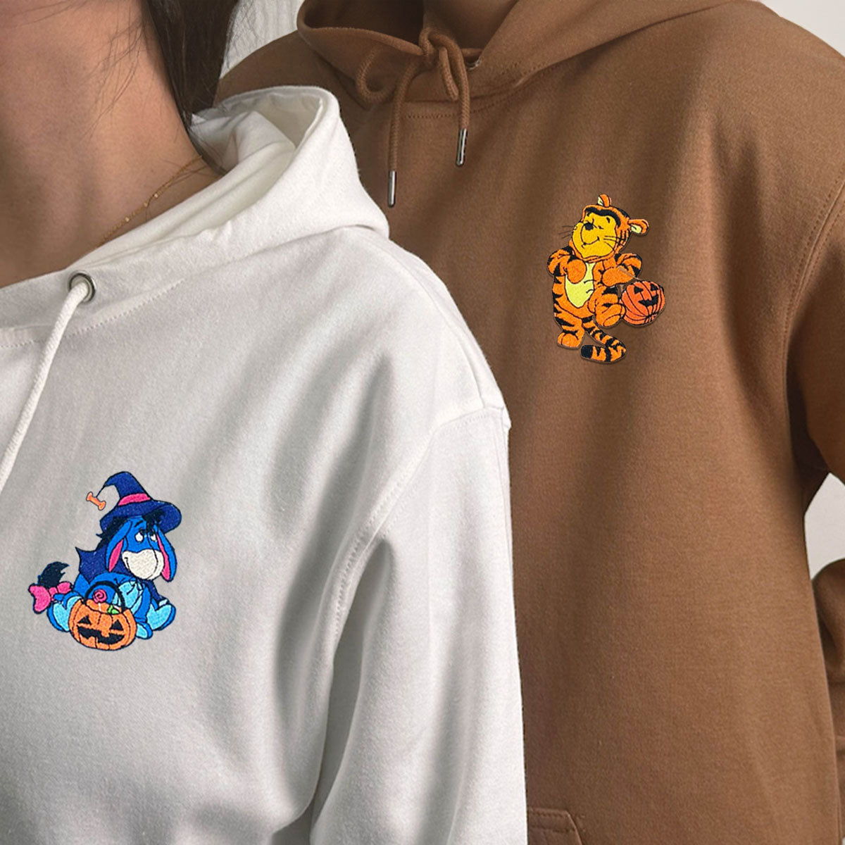 Custom Embroidered Hoodies for Couples, Cute Eeyore & Tigger Halloween Couples Embroidered Hoodie