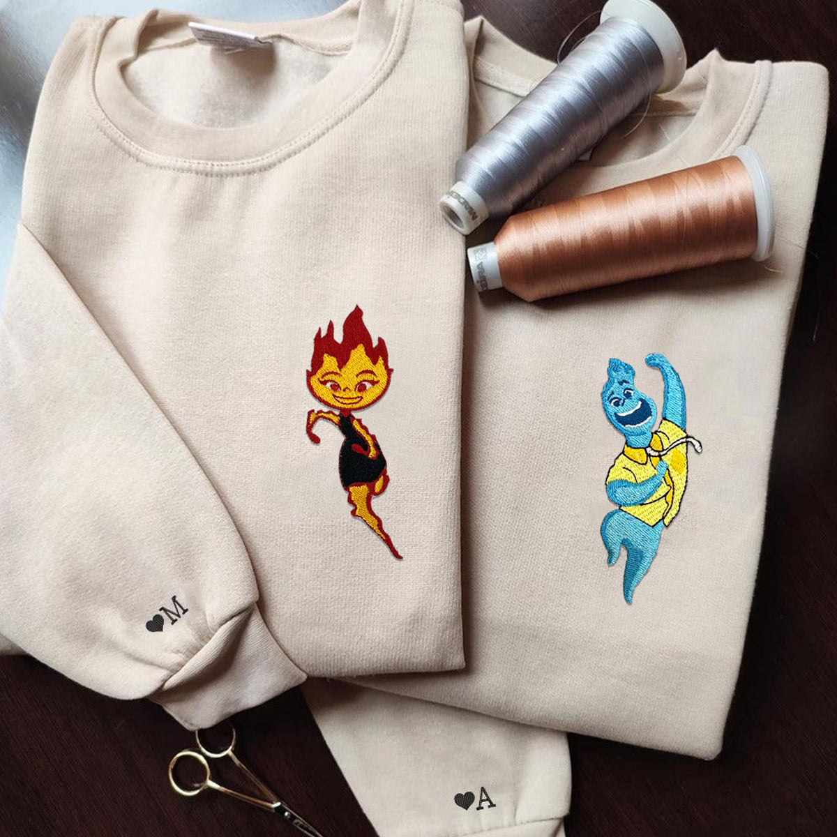 Custom Embroidered Hoodies for Couples, Cute Fire and Water Couples Embroidered Hoodie