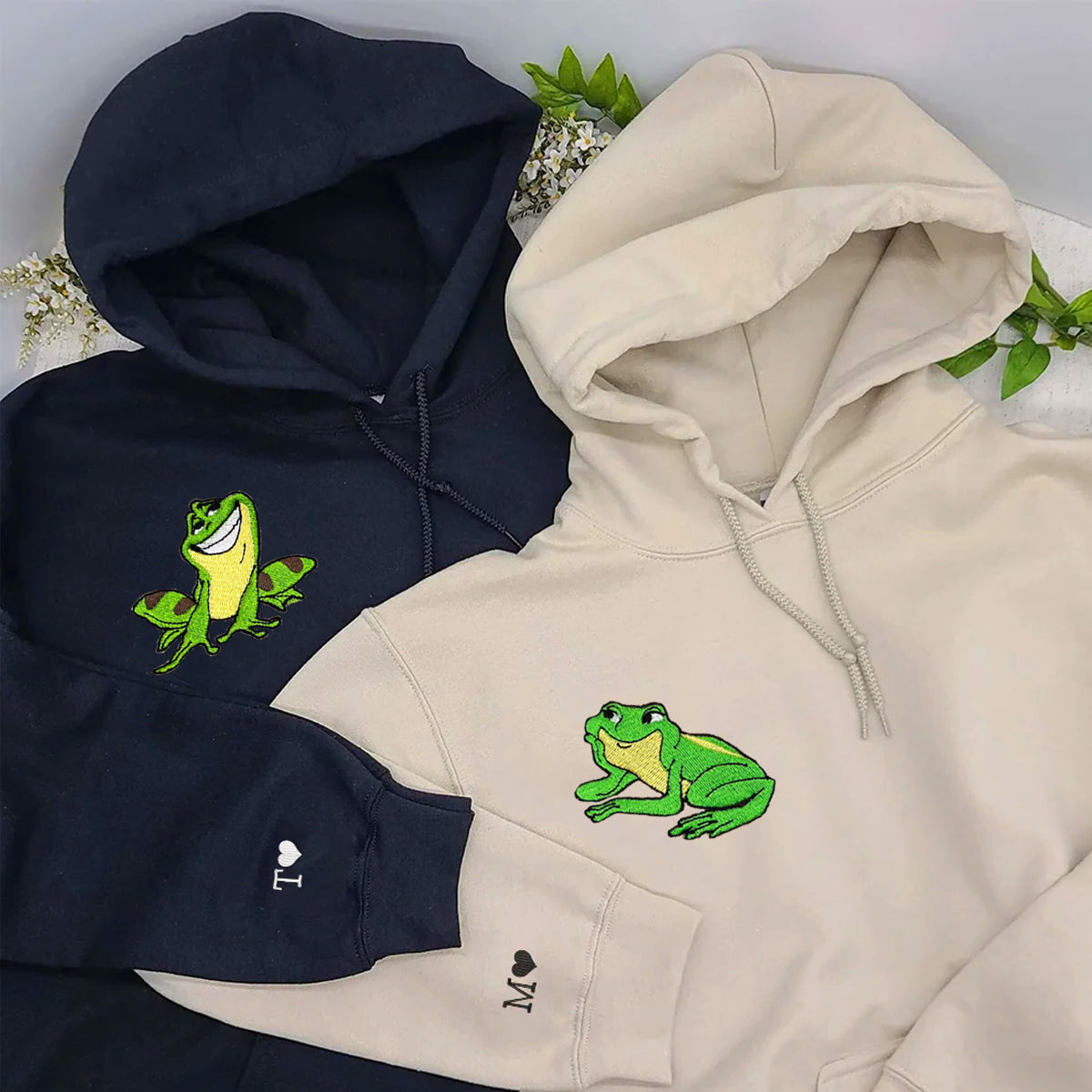 Custom Embroidered Hoodies for Couples, Cute Frogs Couples Embroidered Hoodie