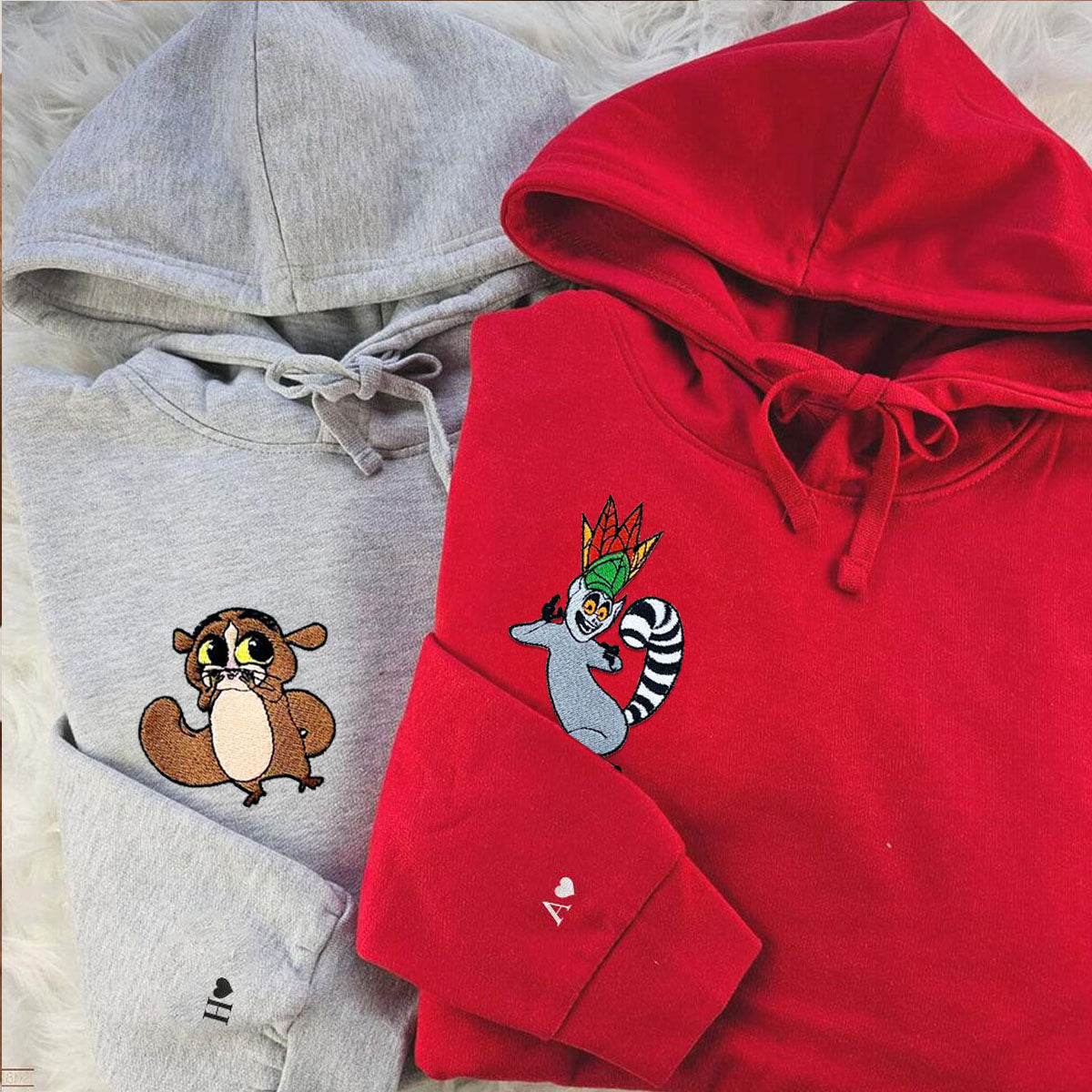 Custom Embroidered Hoodies for Couples, Cute Julien & Mort  Character Couples Embroidered Hoodie