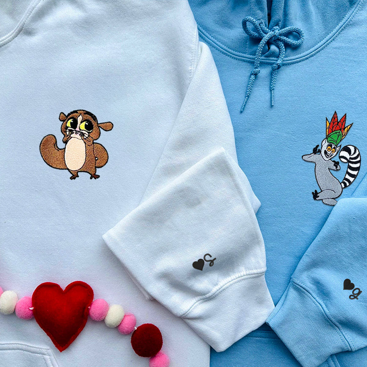 Custom Embroidered Hoodies for Couples, Cute Julien & Mort  Character Couples Embroidered Hoodie