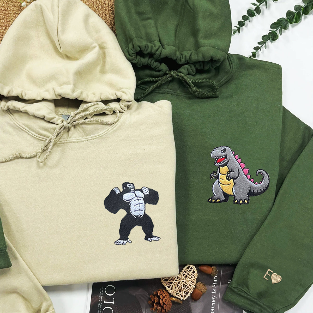 Custom Embroidered Hoodies for Couples, Cute Monkey and Dinosaur Couples Embroidered Hoodie